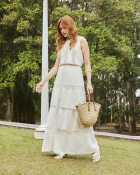 Conjunto Saia Midi e Blusa Bege com Trabalhos Artesanais 