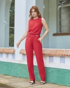 Conjunto Alfaiataria Vermelho Calça Fivelas Blusa Drapeada 