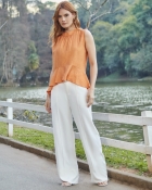 Calça Alfaiataria Off White Barrado Largo 